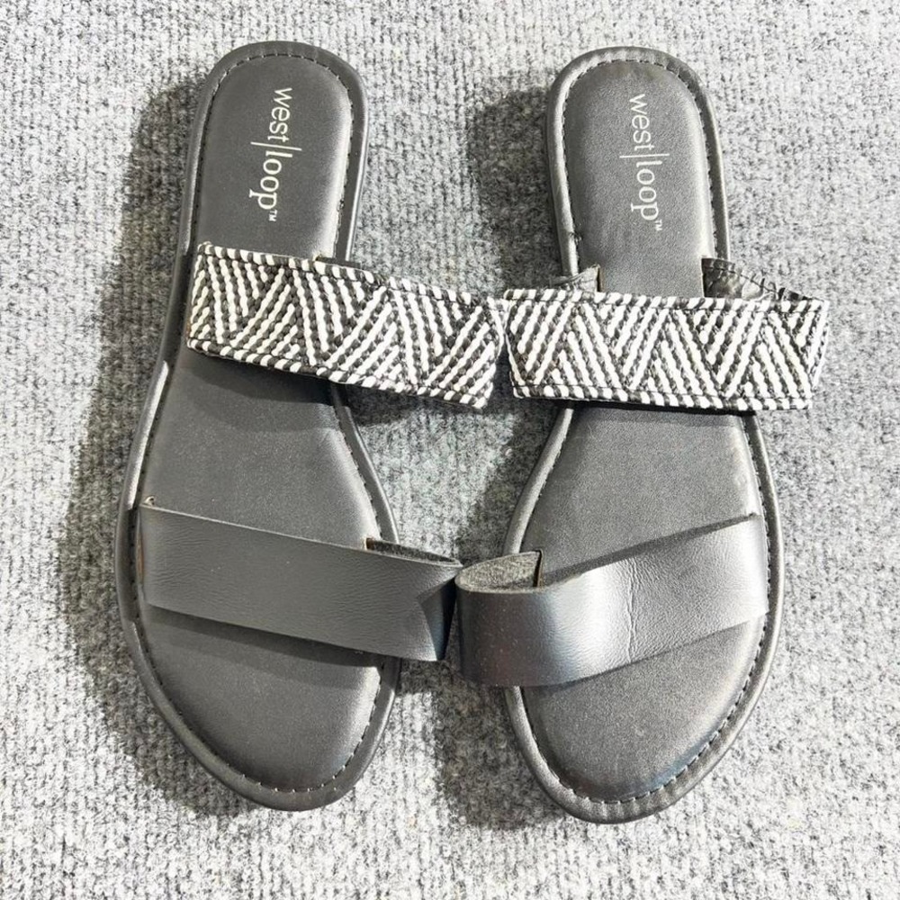 West Loop Womens Sandals Size L 9/10 Black White Geometric Woven Slide‎ Flats